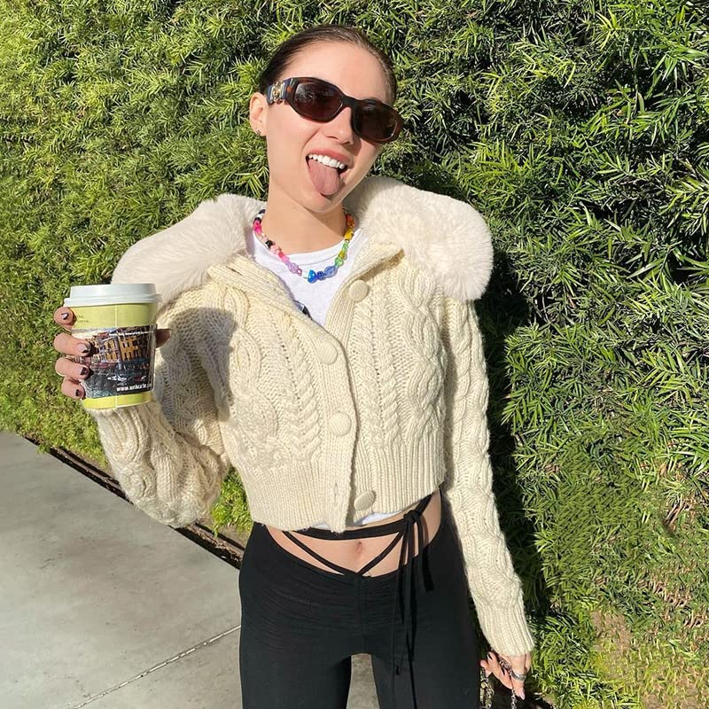 LOLOMATO Women's Fashion Cardigan Sweater - White Fur Trim Collar Casual Knitwear Crop Top for Spring & Winter - Streetwear Outerwear - Perfect for Office, Dating & Weekend Outfits - Size L