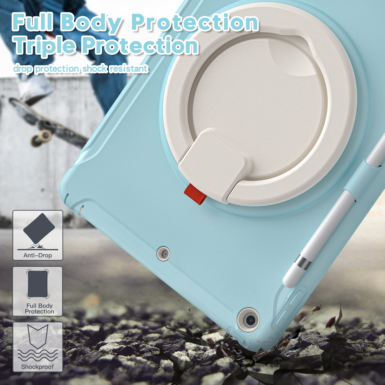 BATYUE Rugged iPad Case for 9th/8th/7th Gen (10.2-inch 2021/2020/2019) with Screen Protector, Rotating Stand & Pencil Holder - Frozen Blue | Perfect for Work, Study & Travel Protection