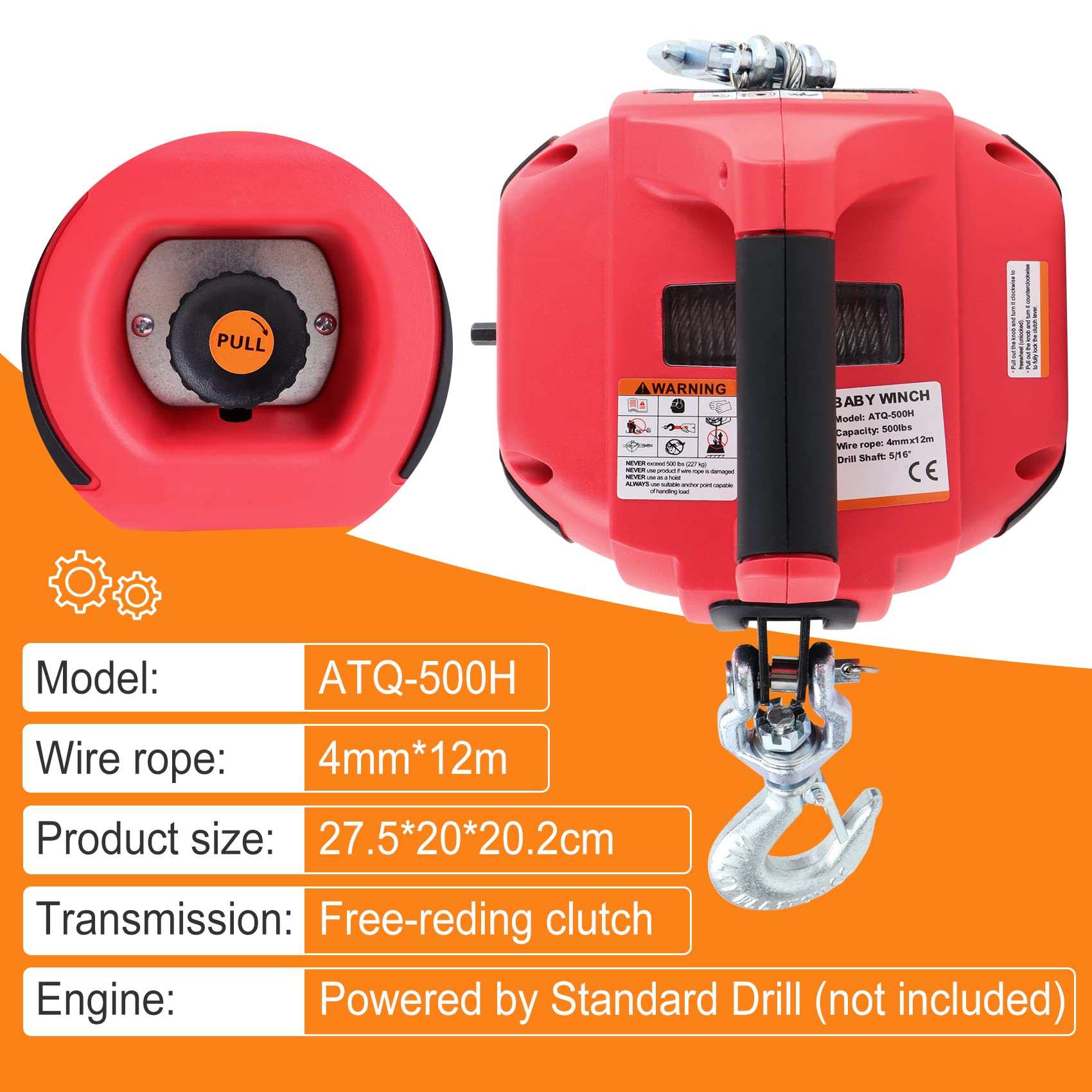 750 LB Capacity Portable Drill Winch - 360° Rotating Hook with 40ft Alloy Wire Rope - Handheld Winch for Lifting, Dragging, Log Handling & Wire Fence Installation - Perfect for Construction, Farm Work & Outdoor Projects