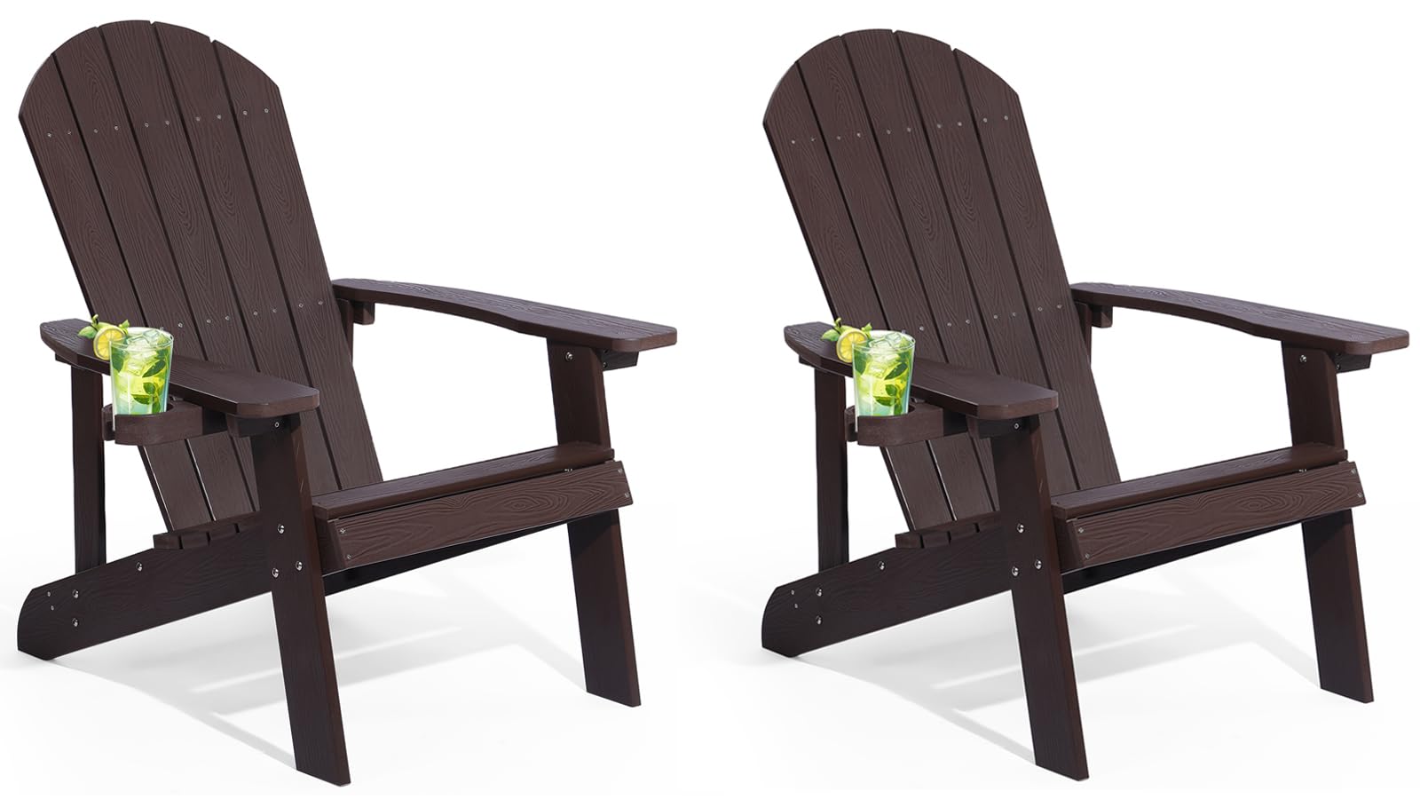2-Piece Adirondack Chairs Set - All-Weather Resistant Plastic Outdoor Chairs with Cup Holder | Easy 5-Step Assembly | Perfect for Patio, Garden, Backyard, Deck, Lawn & Fire Pit | Brown (Great for Relaxing, Sunbathing, and Outdoor Entertaining)