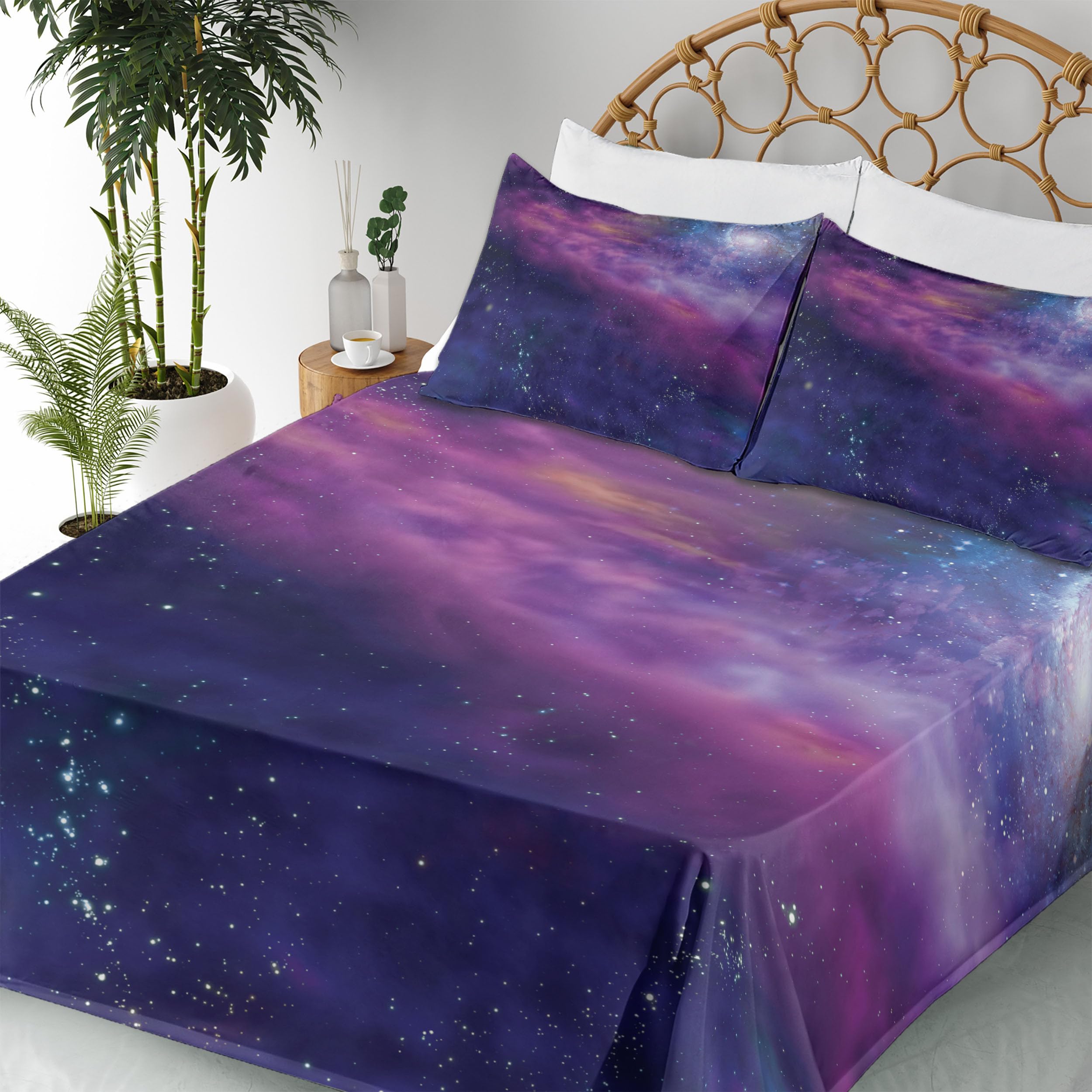 Ambesonne Outer Space Queen Sheet Set - 4 Piece Galaxy Bedding with Milky Way & Star Clusters Design, Purple & Blue Solar System Theme - Fitted Sheet, Flat Sheet & 2 Pillowcases - Perfect for Astronomy Lovers & Space-Themed Bedrooms