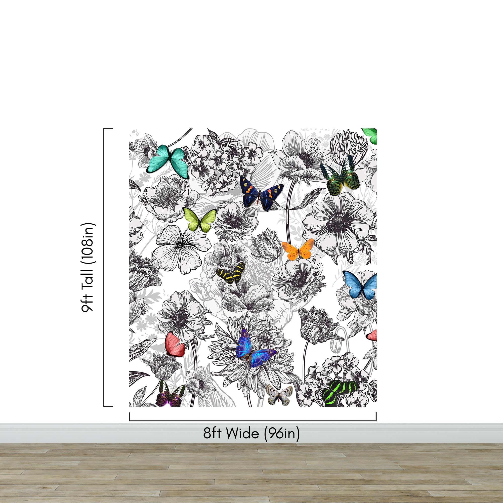 Butterflies in Flower Garden Wall Mural - Retro Black and White Floral Peel and Stick Wallpaper - 9ft x 8ft Removable Decal for Living Room, Bedroom, Nursery or Office Decor