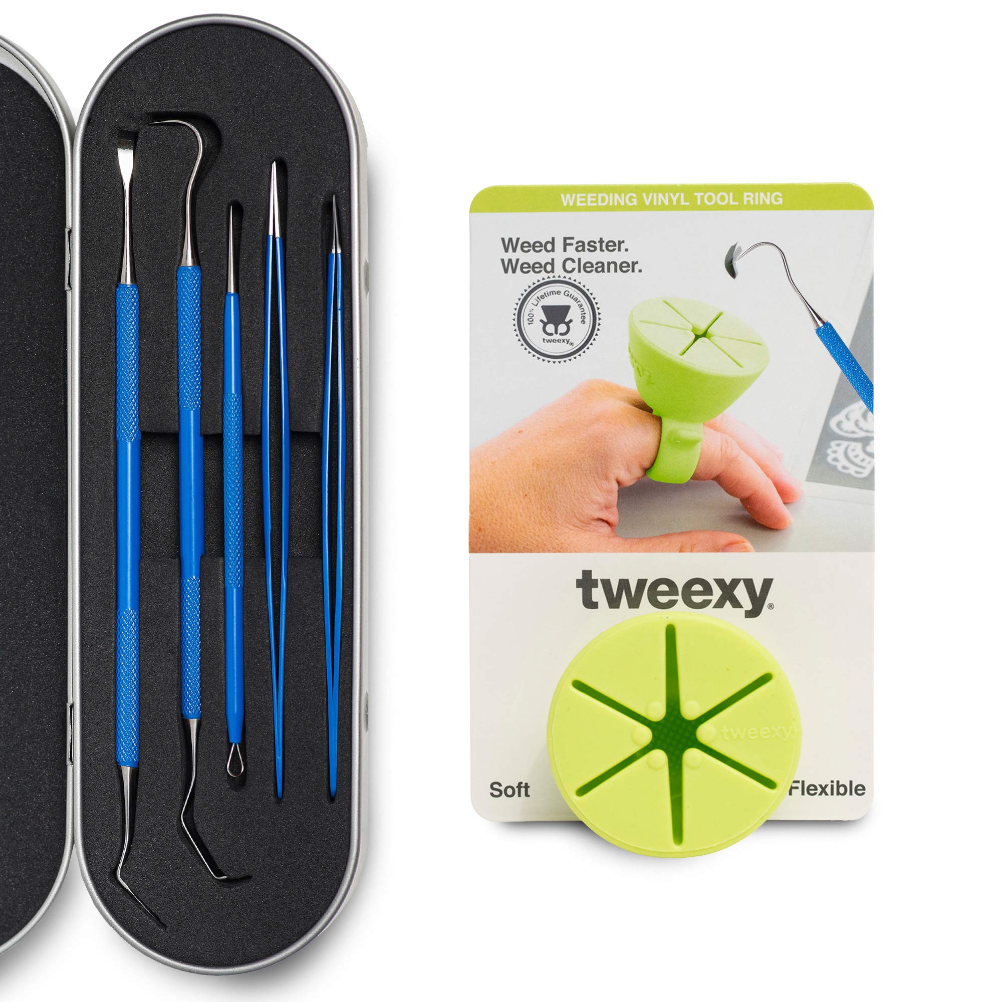Tweexy Craft Vinyl Weeding Tool Kit with Scrap Collector Ring - Includes Case, Weeder Picks, Tweezers & Spatula for HTV Heat Transfer Vinyl & Adhesive Paper - Perfect for DIY Crafting, Scrapbooking & Vinyl Projects (Green Glow)