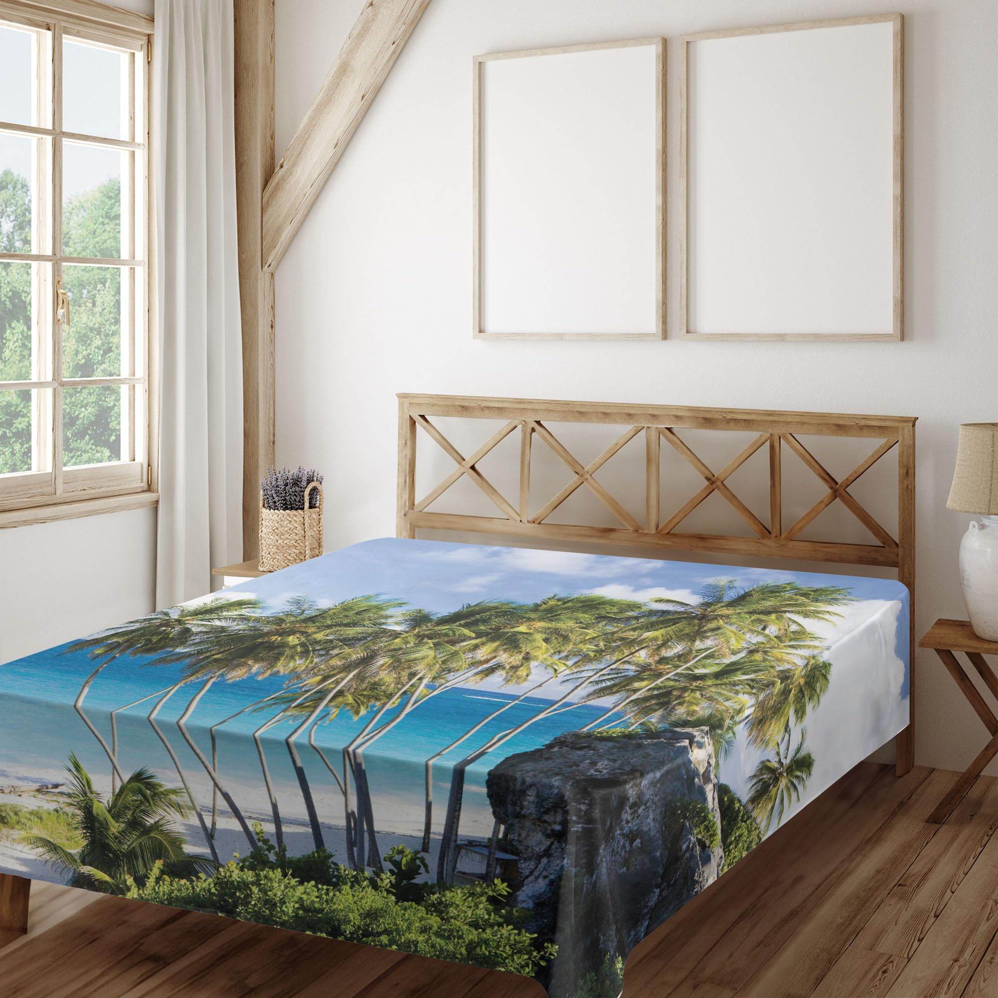 Ambesonne Full Size Travel Flat Sheet - Soft & Comfortable Caribbean Island Print with Palm Trees & Ocean - Cream Blue Decorative Bedding for Beach Themed Bedrooms, Vacation Homes & Tropical Decor