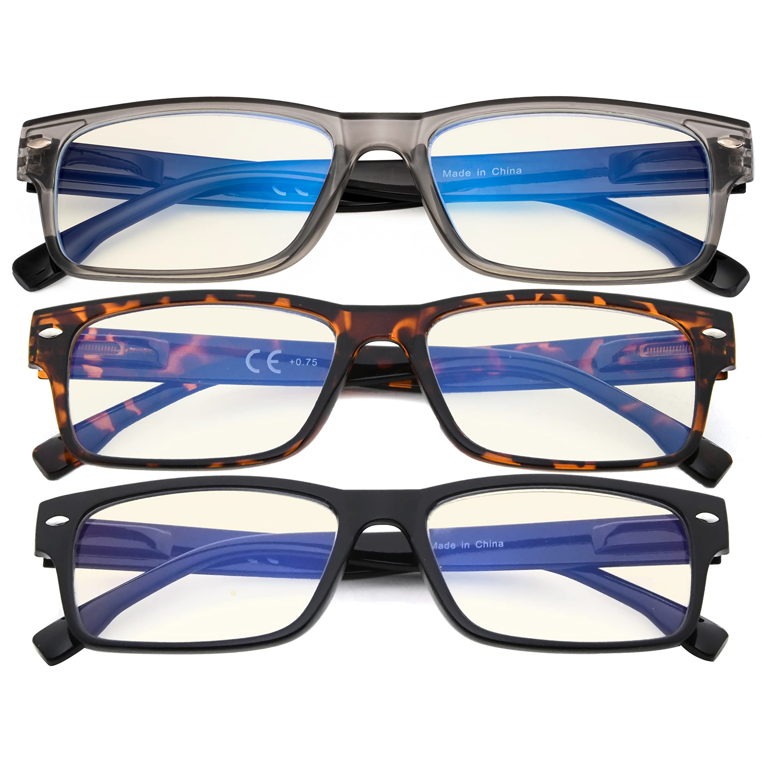 Eyekepper 3-Pack Spring Hinge Reading Glasses with Blue Light Blocking - Stylish Lightweight Readers for Women & Men - Perfect for Computer Use, Reading & Office Work