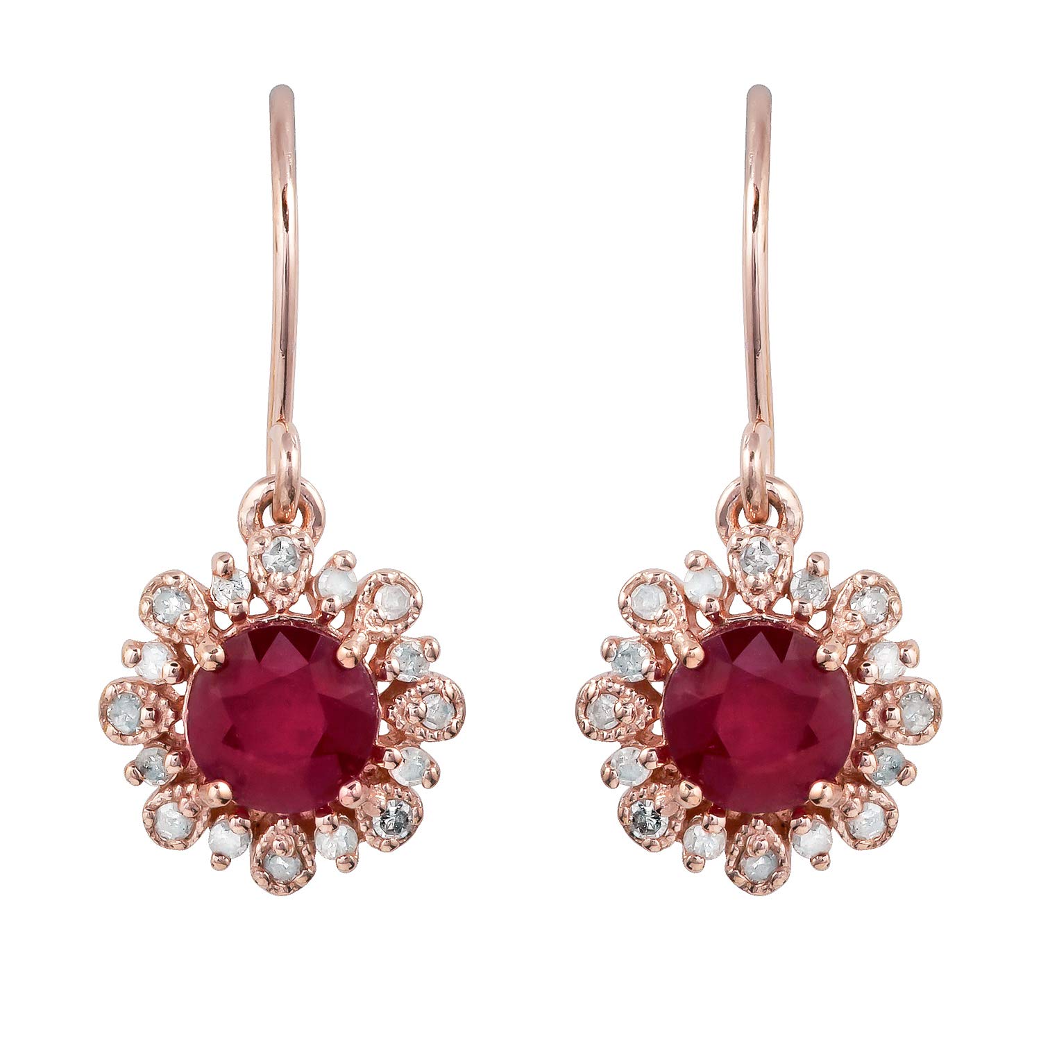 10K Rose Gold Genuine Round Ruby and Diamond Vintage Style Halo Earrings for Women - Elegant Bridal Jewelry, Anniversary Gift, Valentine's Day Present, Special Occasion Accessories