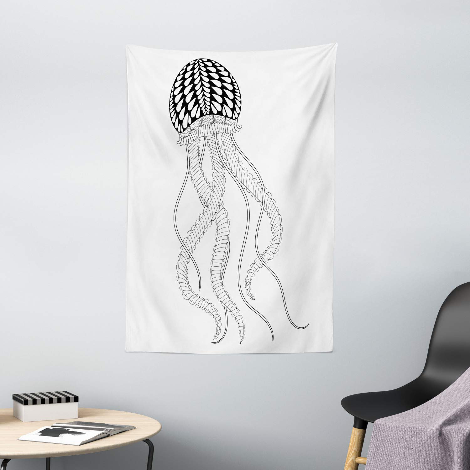 Ambesonne Jellyfish Wall Tapestry - Monochromatic Underwater Creature Design on Plain Backdrop - 40x60 Inch Charcoal Grey & White - Perfect for Bedroom, Living Room & Dorm Decor - Great for Boho, Beach Theme or Meditation Space