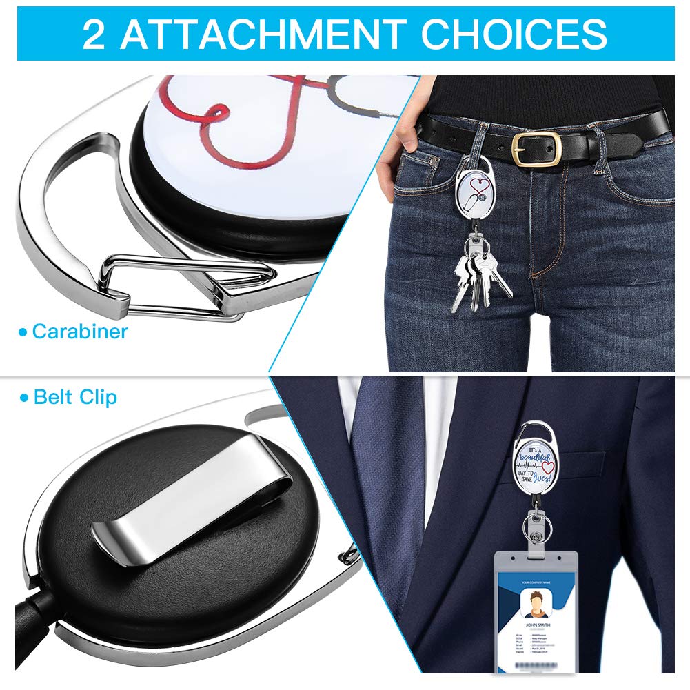 Xoqo Heavy Duty Retractable Badge Reel with Carabiner - 3 Pack Crystal Glass Badge Holders with Belt Clip & Key Ring for Office, Doctor, Nurse - Heartbeat & Stethoscope Design - Ideal for Healthcare Professionals, Hospital Staff & Corporate ID Cards