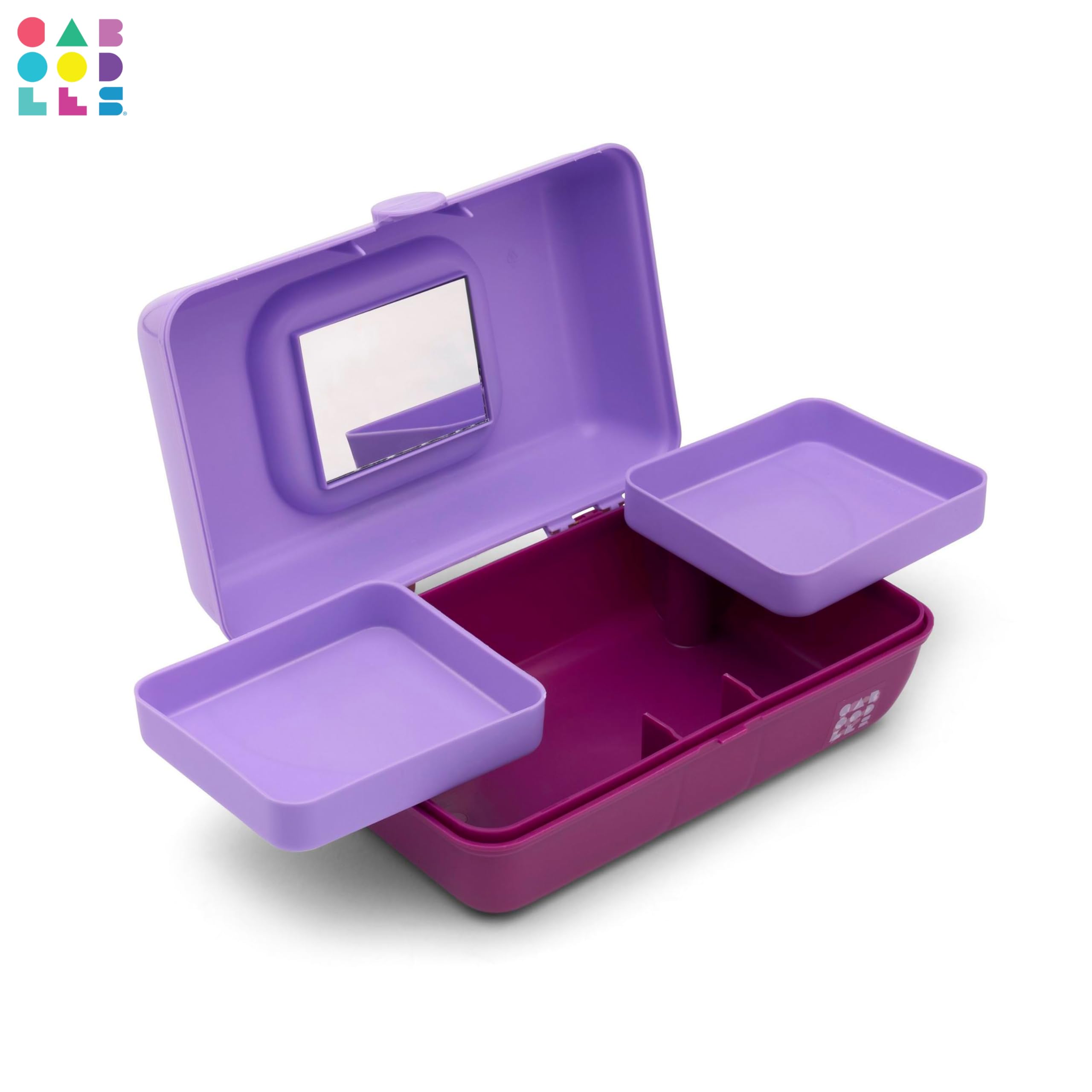 Caboodles Pretty in Petite Makeup Organizer - Two-Tone Lavender & Violet Hard Plastic Cosmetic Case with 2 Swivel Trays, Fashion Mirror & Secure Travel Latch | Perfect for Travel, Home Vanity & On-the-Go Makeup Storage
