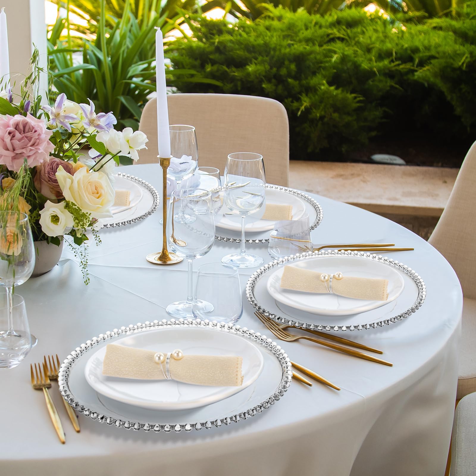 Tioncy 50-Pack Clear Acrylic Charger Plates with Beaded Edge - 13 Inch Round Decorative Dinner Plates & Napkin Rings Set for Wedding, Party, Banquet (Clear & Silver) | Elegant Table Setting for Formal Events & Holiday Dining