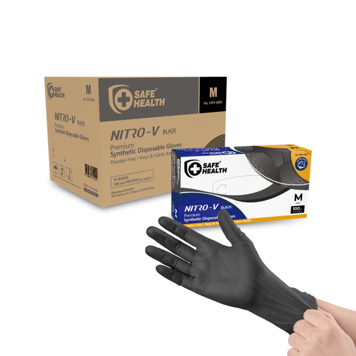 Premium SAFE HEALTH NITRO-V Nitrile Vinyl Synthetic Disposable Gloves - Latex Free, Powder Free, Wisteria & Black Colors - Ideal for Food Handling, Cleaning, Medical Use & Household Chores