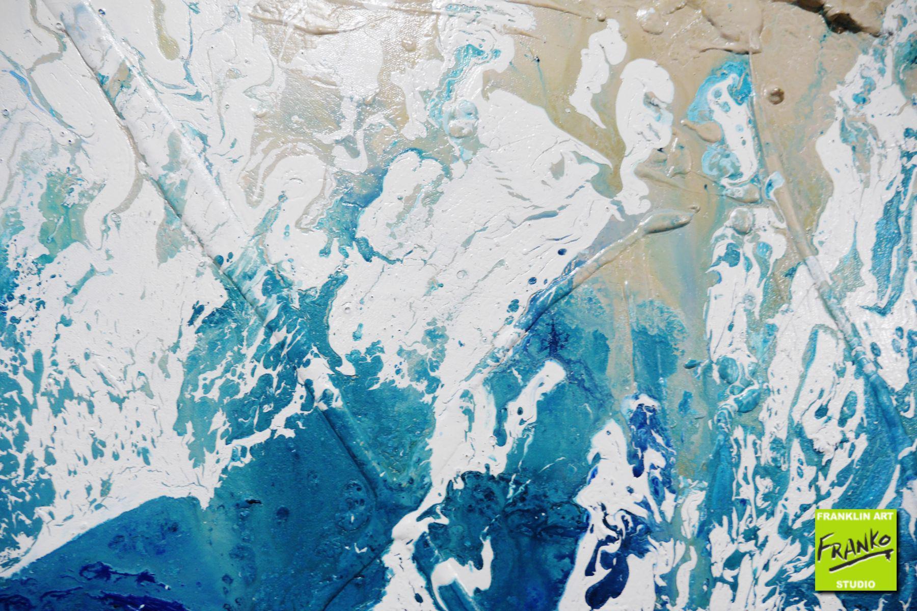 270cm x 120cm Cream White Blue Textured Abstract Beach Painting - Large Modern Wall Art for Living Room, Bedroom & Office Decor