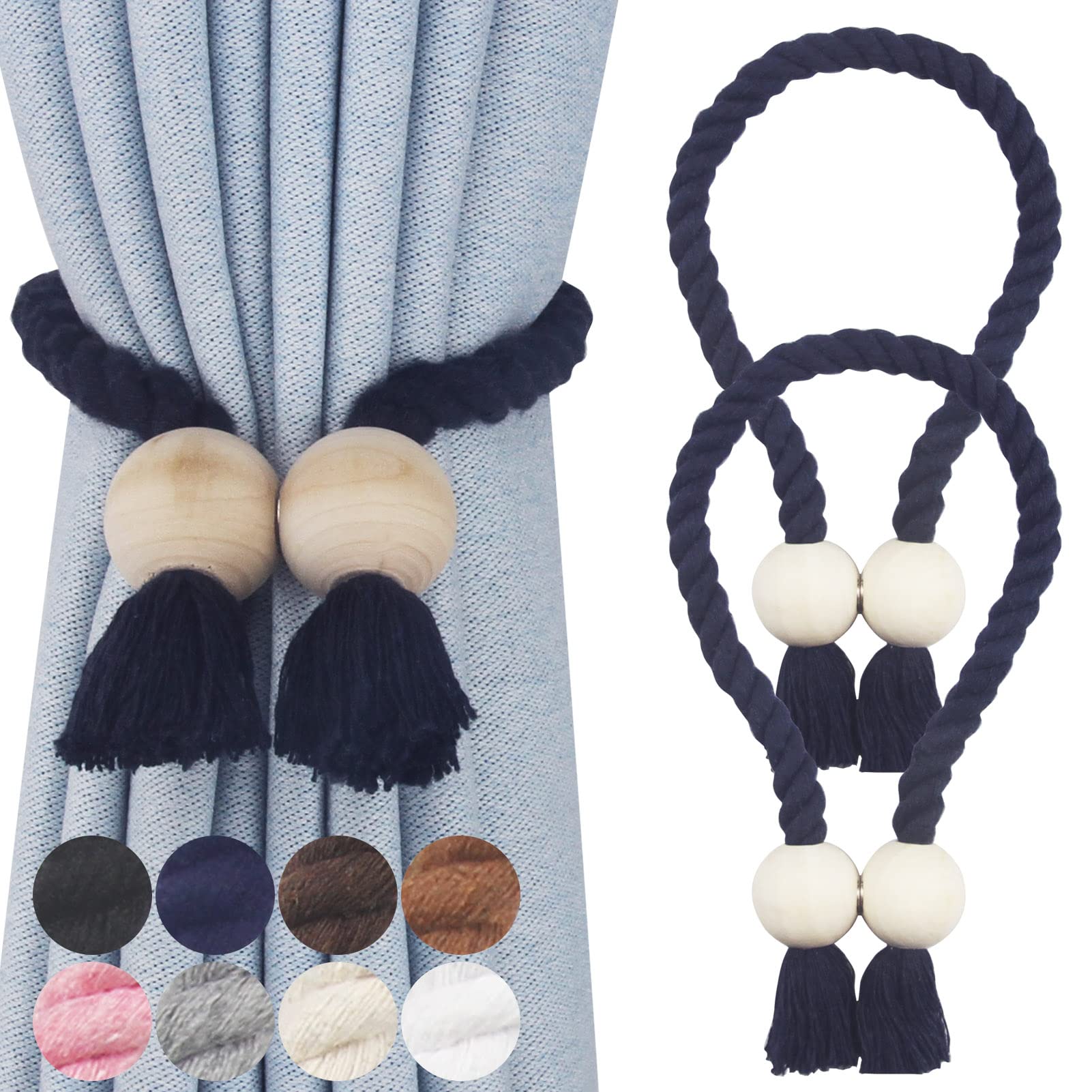 2 Pack Magnetic Curtain Tiebacks - Hand Woven Cotton Decorative Rope Holdbacks for Curtains & Drapes, No Tools Required (Navy Blue) - Perfect for Living Room, Bedroom & Window Decor