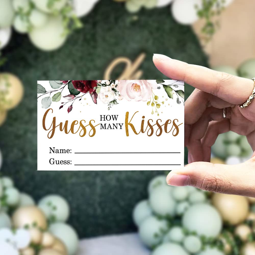 Guess How Many Kisses in The Jar Bridal Shower Game - Floral Wedding Shower Activity with 1 Sign & 50 Cards Set - Perfect for Bachelorette Parties, Bridal Decorations and Fun Wedding Games