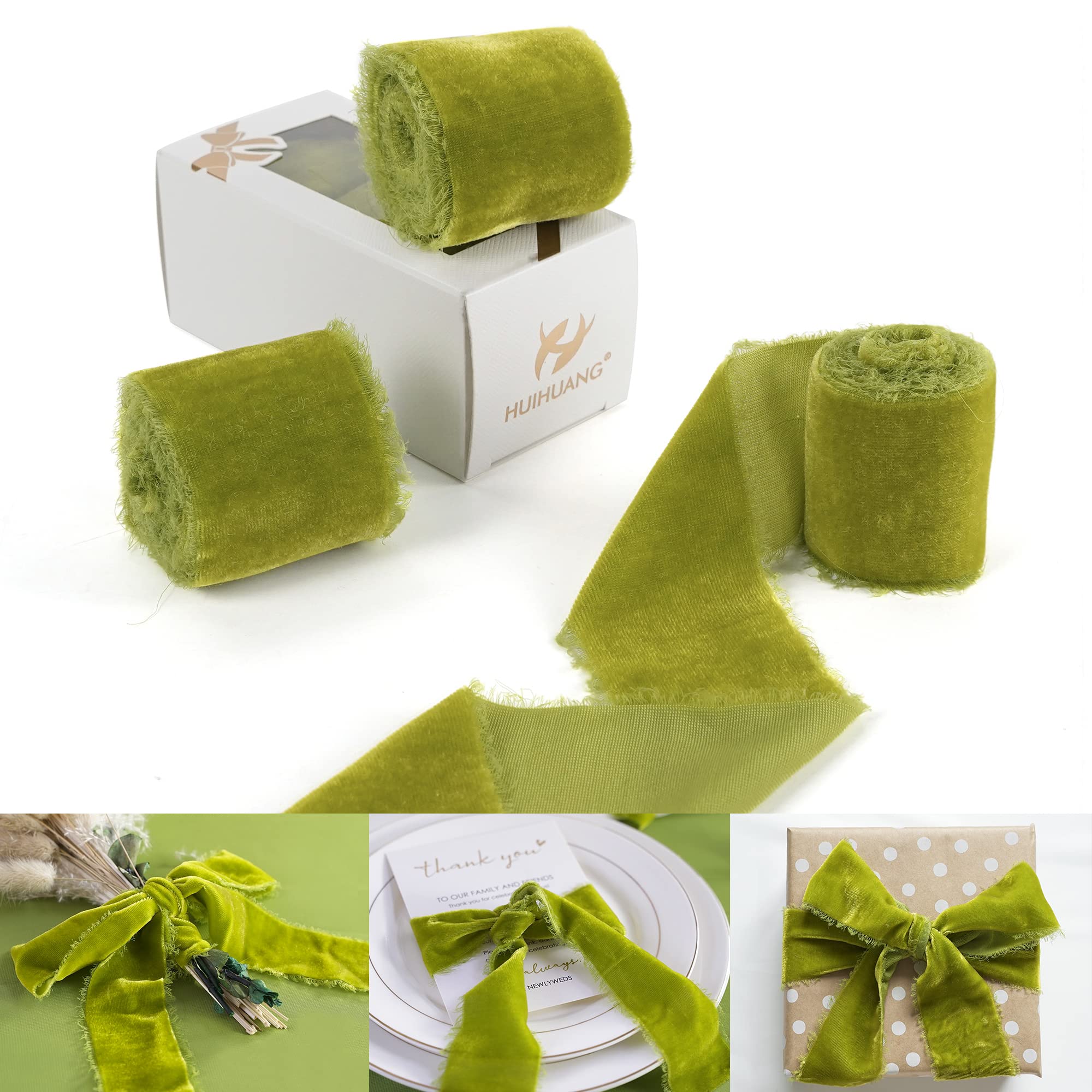 3 Rolls Frayed Silk Velvet Ribbon - Moss Green Fringe Ribbon with Raw Edge (2