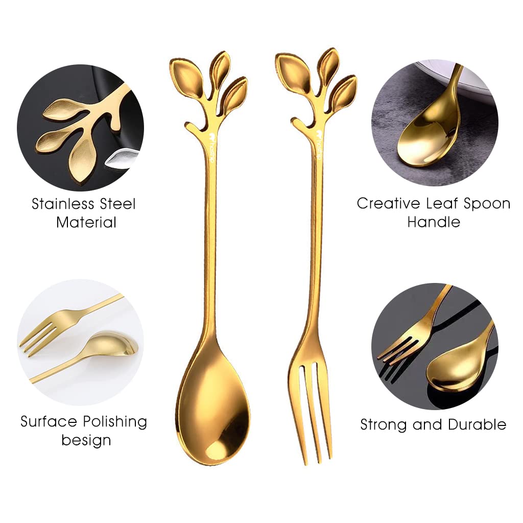 HASTHIP® 4-Piece Stainless Steel Gold Leaf Spoon and Fork Set - 4.7 Inch Coffee Spoon, Dessert Fork, Cutlery for Kitchen & Tableware - Perfect for Coffee, Desserts, Appetizers & Fine Dining (2 Spoons + 2 Forks, Gold)