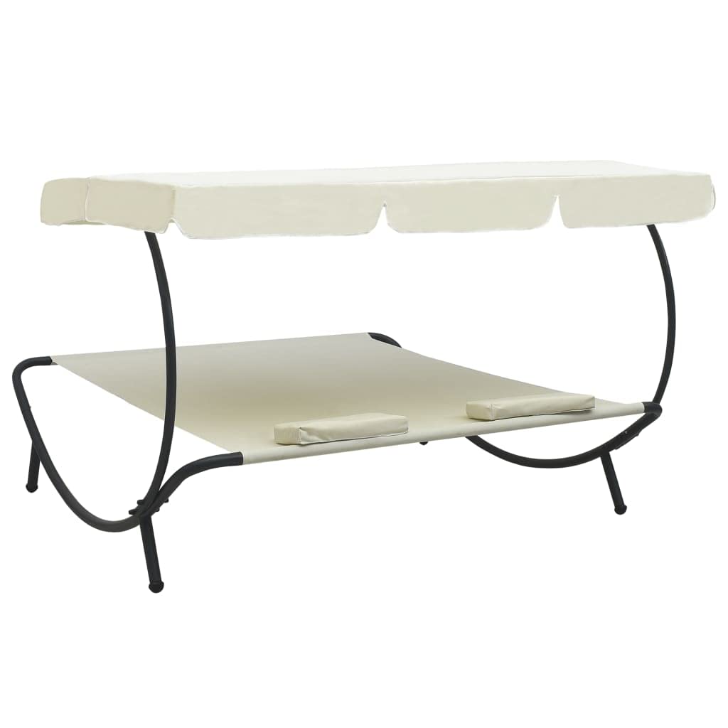 SKM Patio Lounge Bed with Canopy and Pillows - Cream White Outdoor Daybed for Poolside, Garden, or Backyard Relaxation