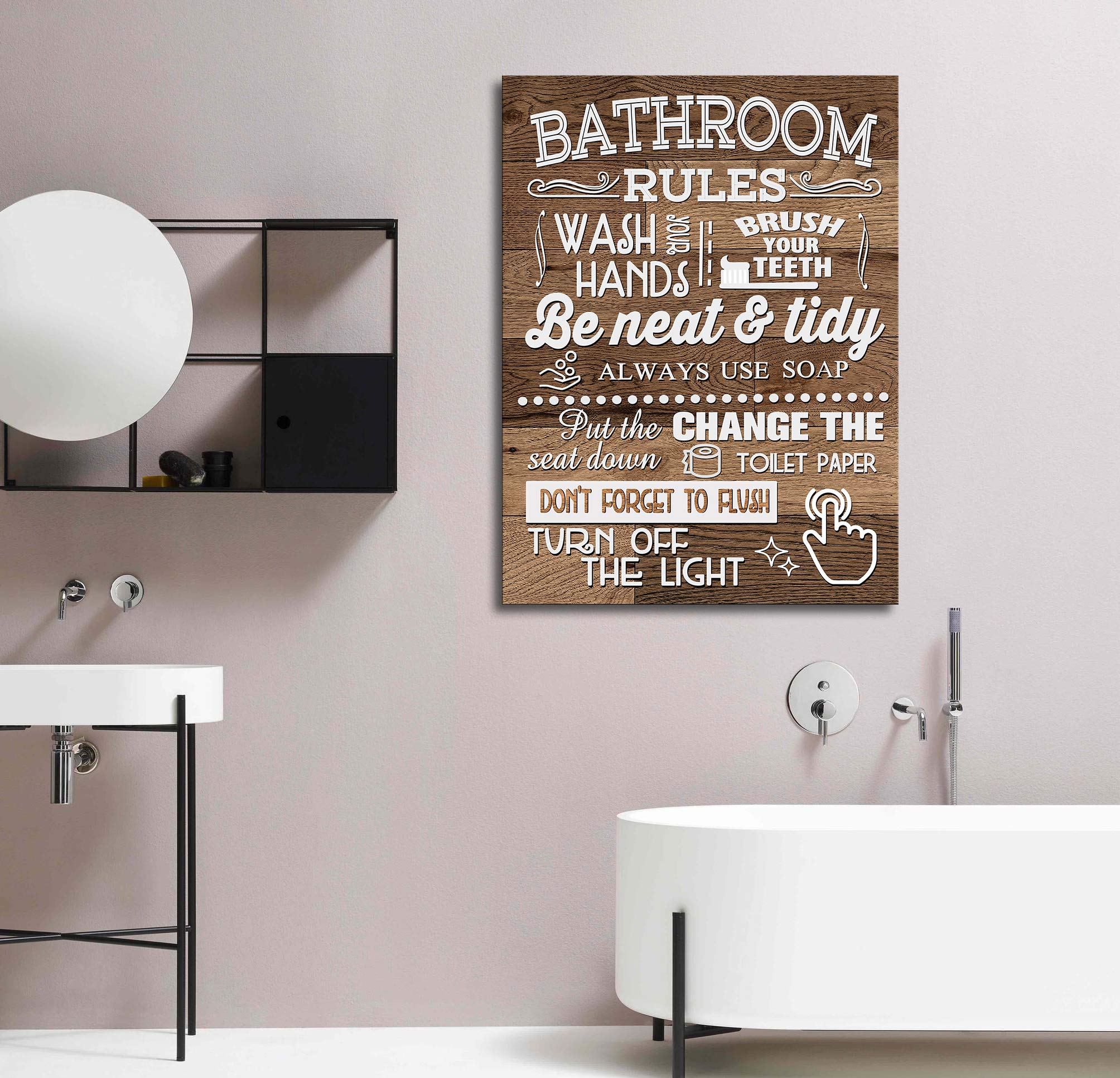 Funny Bathroom Rules Canvas Wall Art - Wood Grain Farmhouse Toilet Sign Poster, Laundry & Restroom Decor, Framed Ready to Hang - Perfect Gift for Bathroom Wall Decor | Ideal for Home, Office & Farmhouse Style Spaces