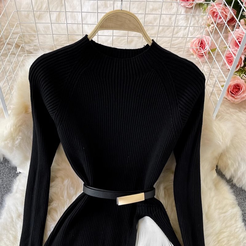 Elegant Black Long Sleeve Knitted Pleated Maxi Dress for Women - Fall Winter Swing Dress with Flowy Skirt | Perfect for Office, Date Night, and Holiday Parties