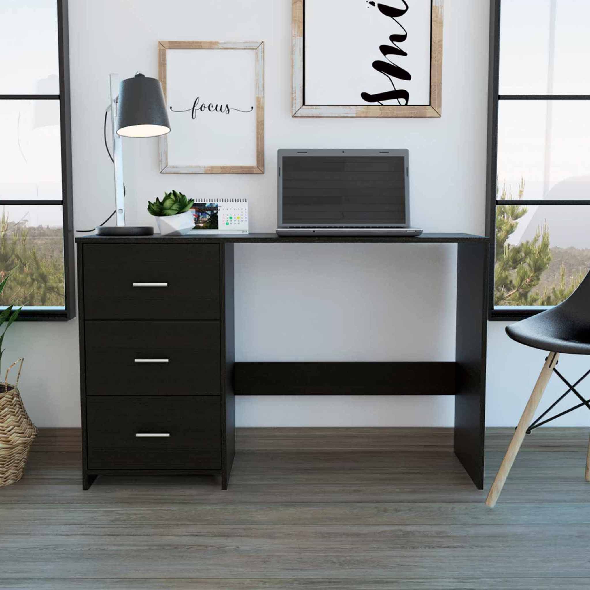 3-Drawer Black Writing Desk with Metal Handles - Modern Home Office Furniture for Small Spaces, Study Rooms & Dorm Organization