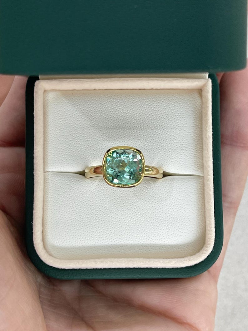 2.88ct Natural Cushion Cut Emerald Ring in 18K Gold Bezel Setting - Mint Green Gemstone Jewelry for Women, Perfect for Engagement, Wedding & Special Occasions