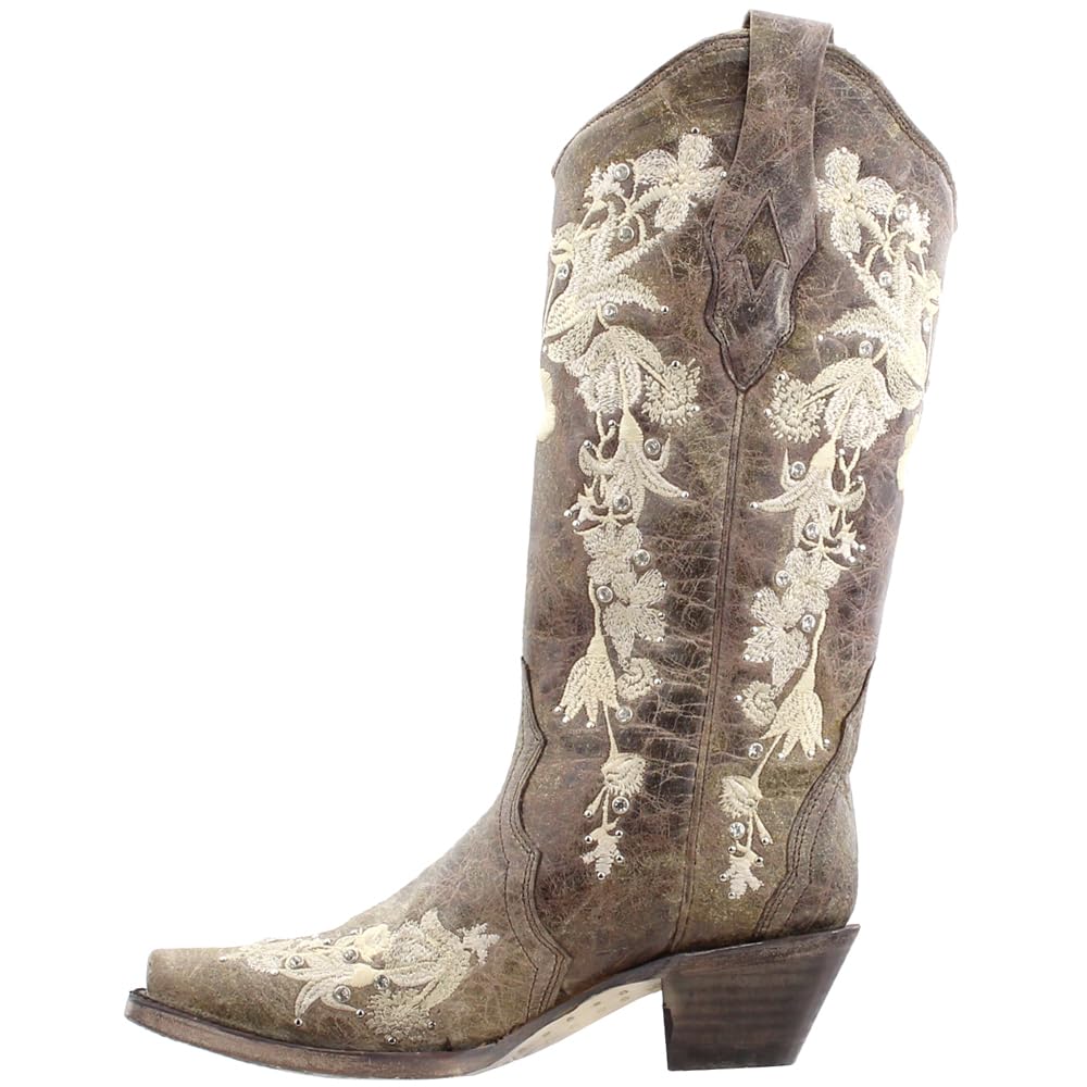 Floral Rhinestone Embroidered Snip Toe Cowgirl Boots for Women - Western Mid Calf Boots with 2-3