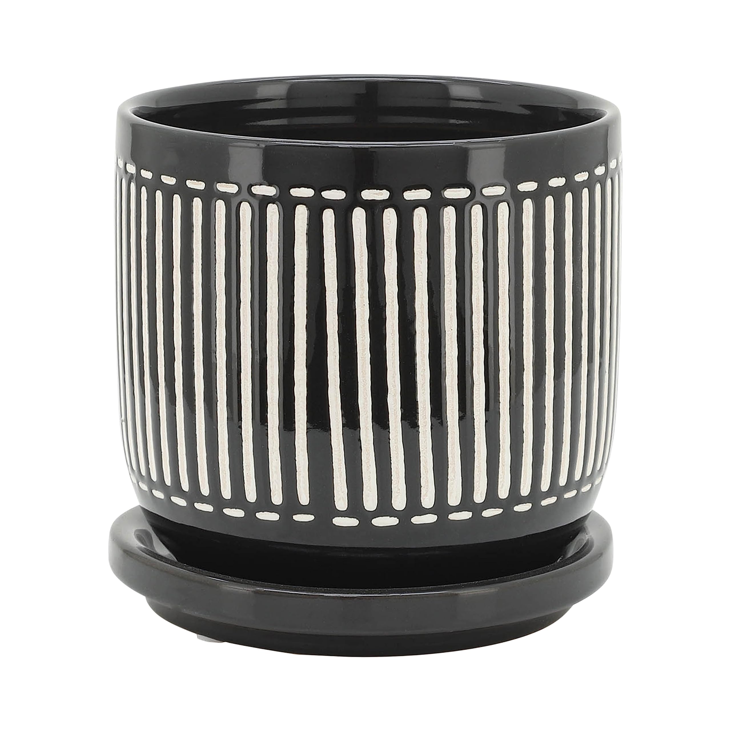Modern Ceramic Planter Set with Saucers - Durable Stoneware Indoor Outdoor Plant Pots - Striped Design Flower Pots for Home Garden Decor - Set of 2 Black - Perfect for Living Room, Patio, and Office Decor