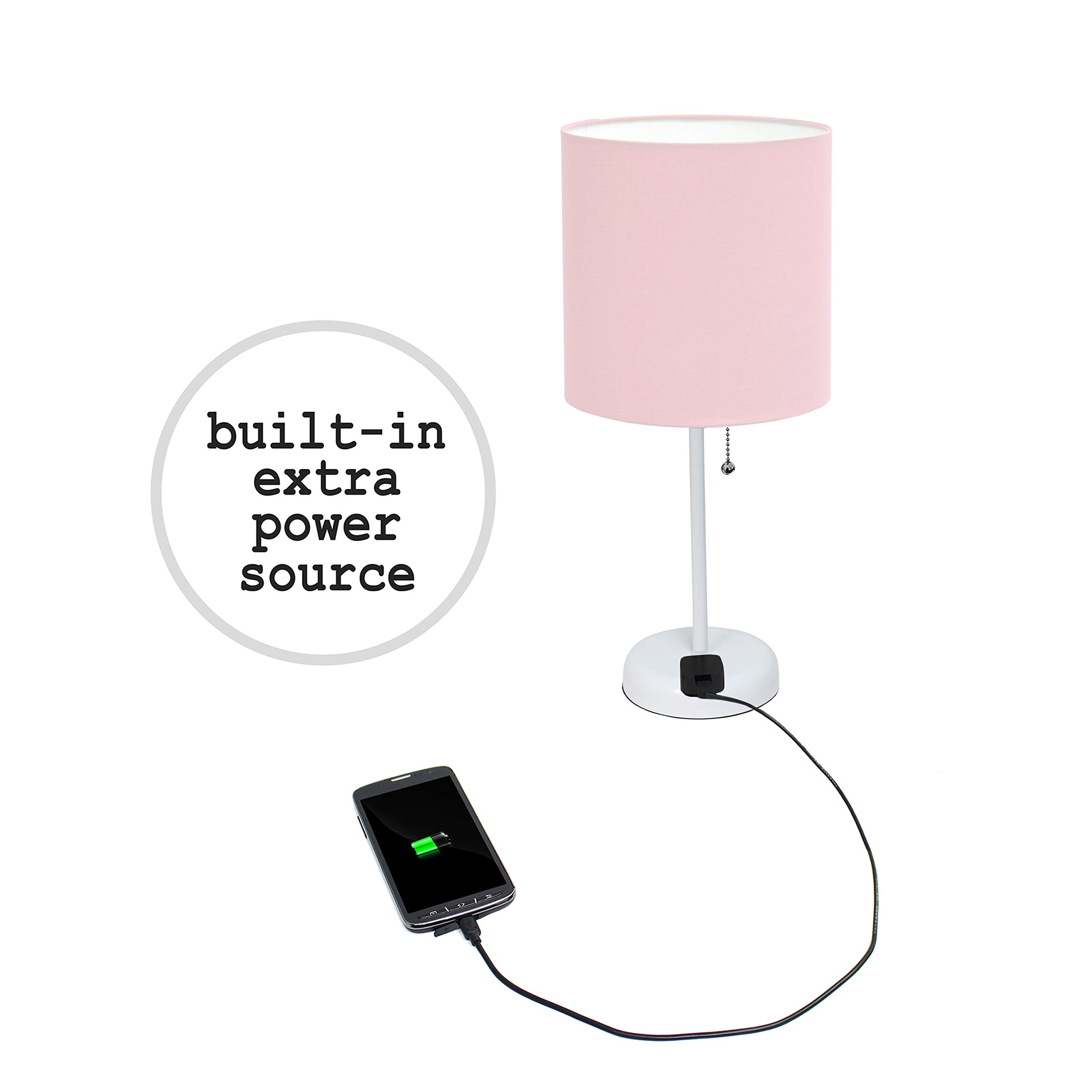 Simple Designs LT2024-POW White Stick Table Desk Lamp with USB Charging Outlet & Drum Fabric Shade - Light Pink Modern Lighting for Home Office, Bedroom Nightstand or Study Room