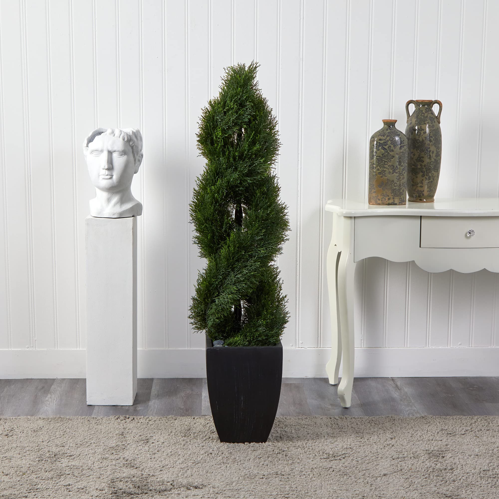 Nearly Natural 5ft Double Pond Cypress Spiral Topiary Artificial UV Resistant Tree in Black Wash Planter - Indoor Outdoor Decor for Patio, Garden, Porch & Entryway