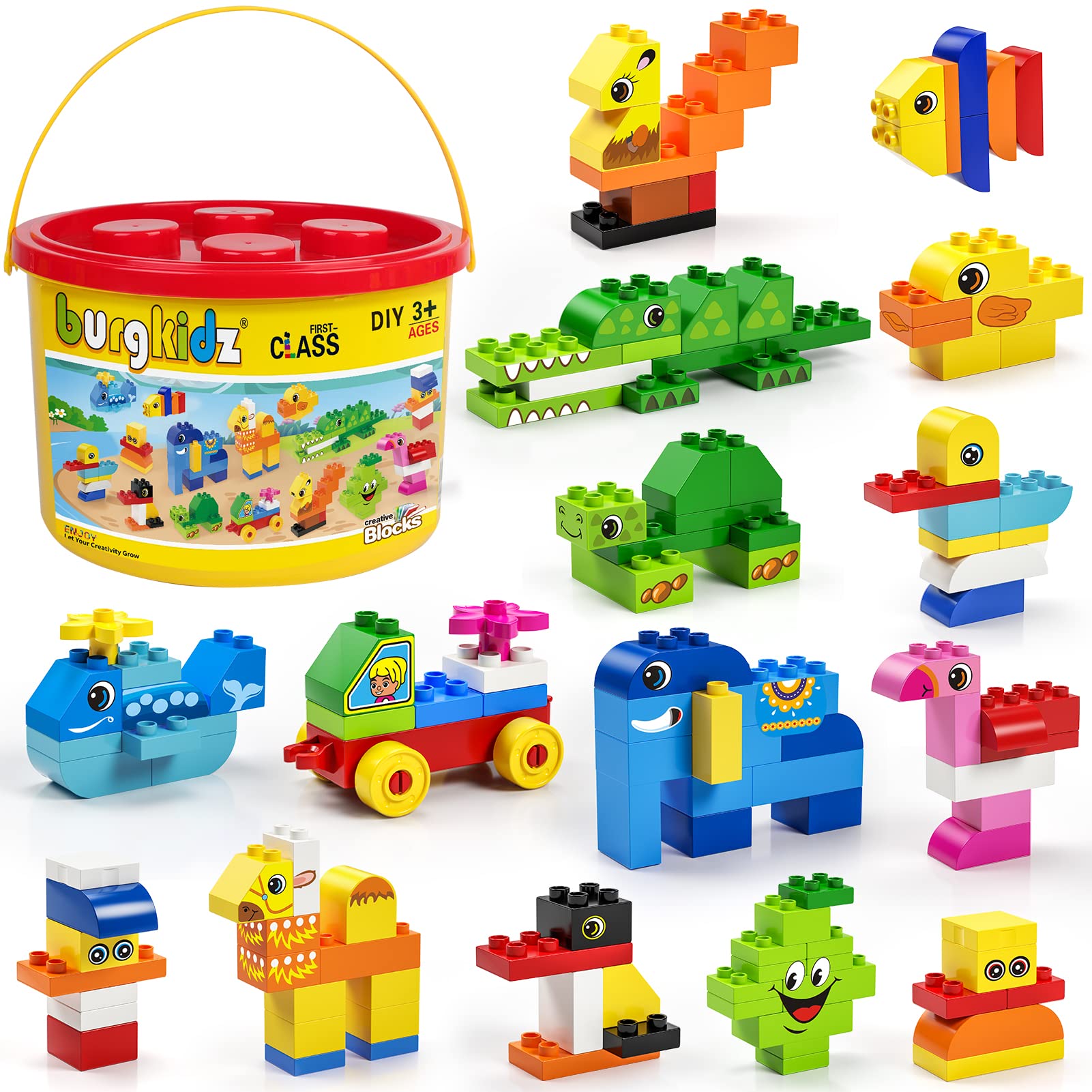 135-Piece Large Building Blocks for Kids & Toddlers - Educational STEM Toy with 20 Fun Shapes & Reusable Storage Bucket - Classic Big Size Bricks Compatible with Major Block Construction Toys - Perfect for Creative Play, Early Learning & Birthday Gifts