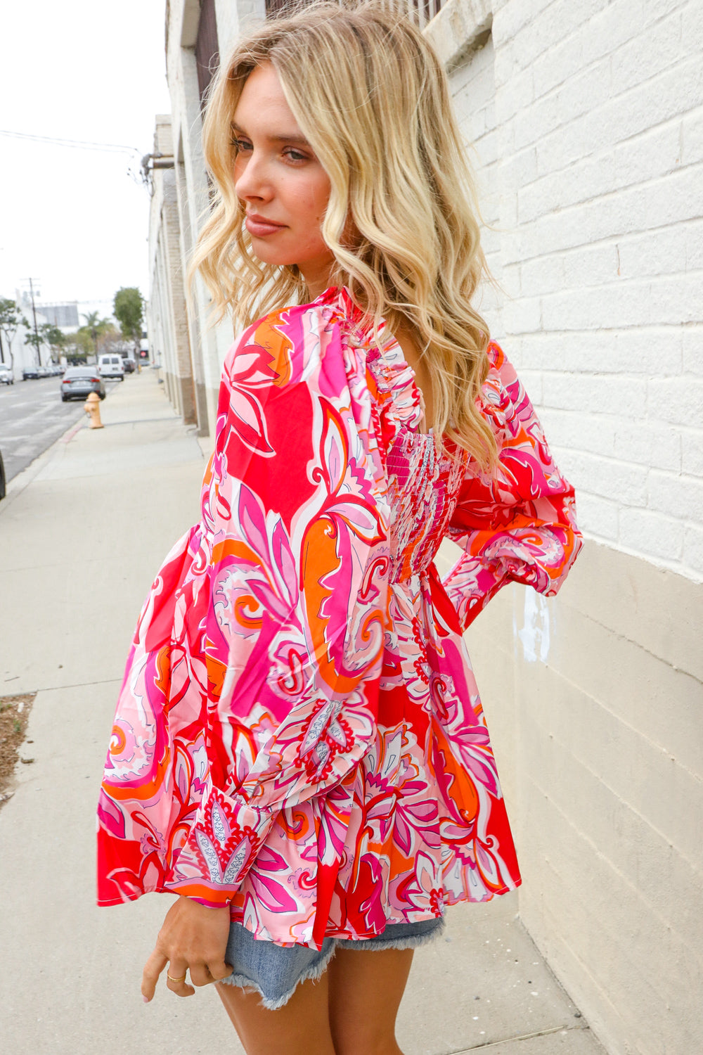 Elegant Red Silky Floral Print Sweetheart Neck Long Sleeve Blouse for Women | Perfect for Date Night, Office Wear & Special Occasions