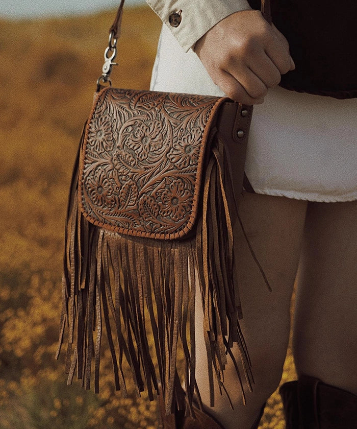 Montana West Genuine Leather Floral Fringe Crossbody Bag for Women - Stylish Boho Shoulder Purse with Adjustable Strap, Perfect for Daily Use, Travel & Festivals
