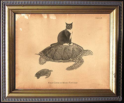 Vintage Tuxedo Cat Riding Turtle Collage Art Print - Semi-Matte Tea Stained Wall Decor | Unique Dog Lover Gift for Her, Novelty Animal Art for Home & Office Decoration
