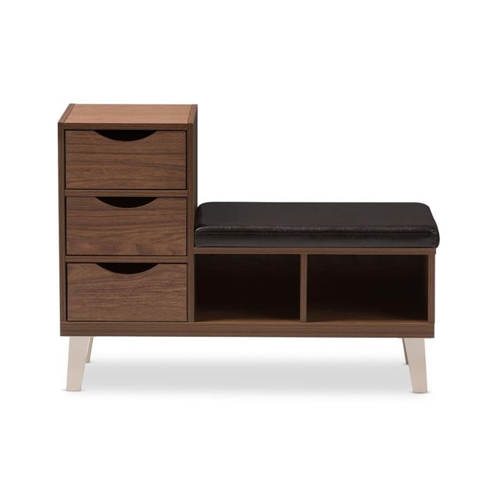 Hawthorne Collections 3-Drawer Shoe Storage Bench - Walnut Wood with Padded Leatherette Seat & 2 Open Shelves | Entryway Organizer for Shoes, Hats & Accessories | Perfect for Bedroom, Closet or Mudroom Storage Solution