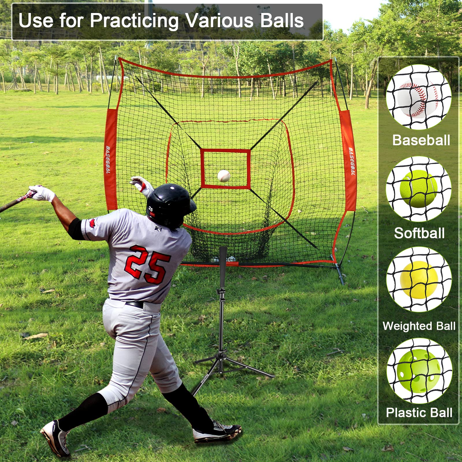 7'×7' Baseball & Softball Practice Net with Batting Tee - Portable Backstop for Hitting, Pitching & Catching - Sturdy Bow Frame Design with Bonus Strike Zone - Perfect for Backyard Training, Team Practice & Youth Baseball Drills