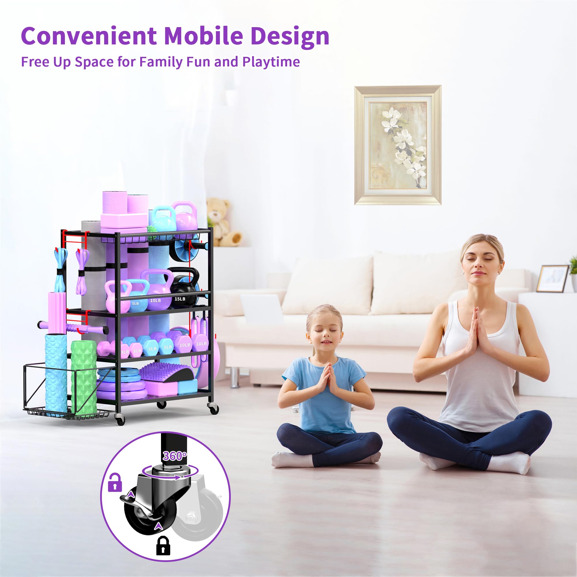 Heavy Duty Dumbbell Rack - 650LBS Capacity Metal Weight Stand for Home Gym with Lockable Wheels & Adjustable Hooks - Perfect for Storing Dumbbells, Kettlebells, Yoga Mats, Foam Rollers & Resistance Bands - Ideal for Home Workouts, Garage Gyms & Fitness Studios