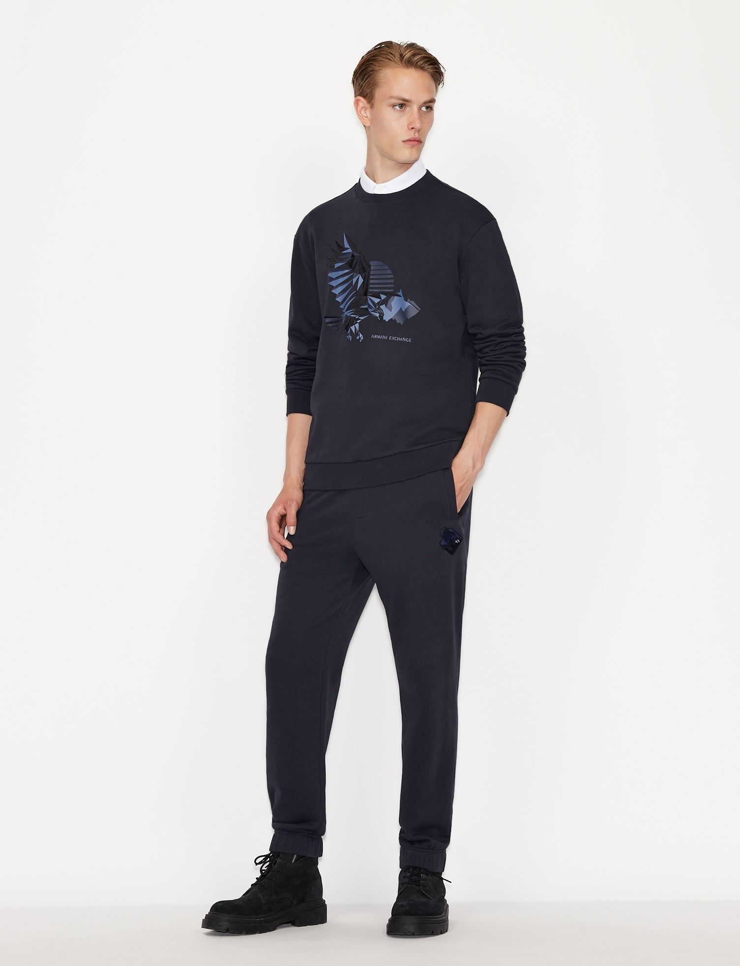 Armani Exchange Men's Crew Neck Eagle Embroidered Sweatshirt - Navy Blue Casual Pullover Hoodie for Streetwear & Everyday Comfort