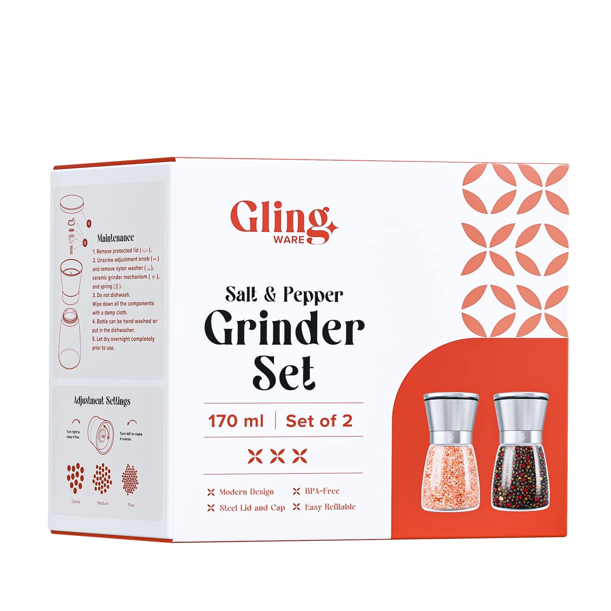 Premium GLING Salt and Pepper Grinder Set - Refillable Stainless Steel Mill with Adjustable Coarseness - 5 Inch Kitchen Essential for Cooking, Dining & Gourmet Seasoning