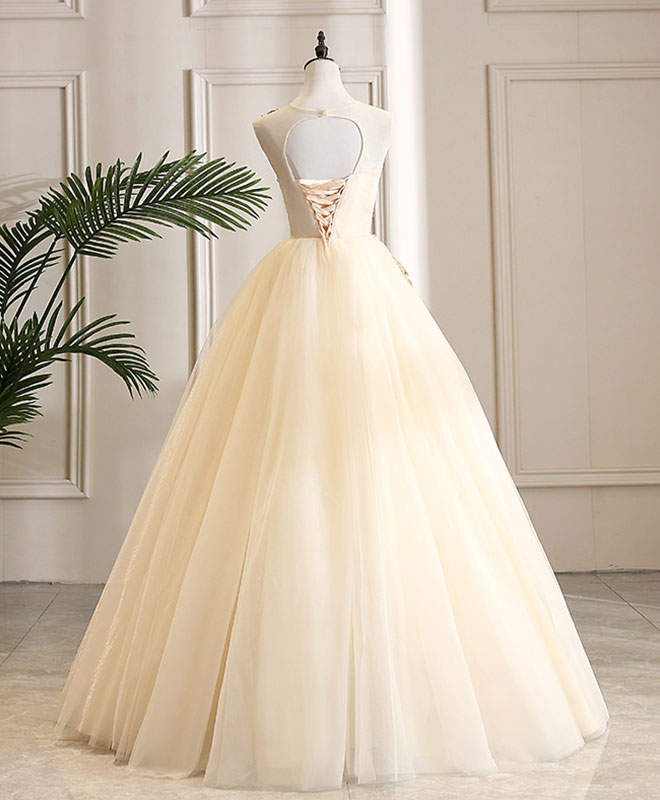Elegant Champagne Tulle Lace Long Prom Dress for Evening Gala - Perfect for Homecoming, Prom Night, and Formal Events