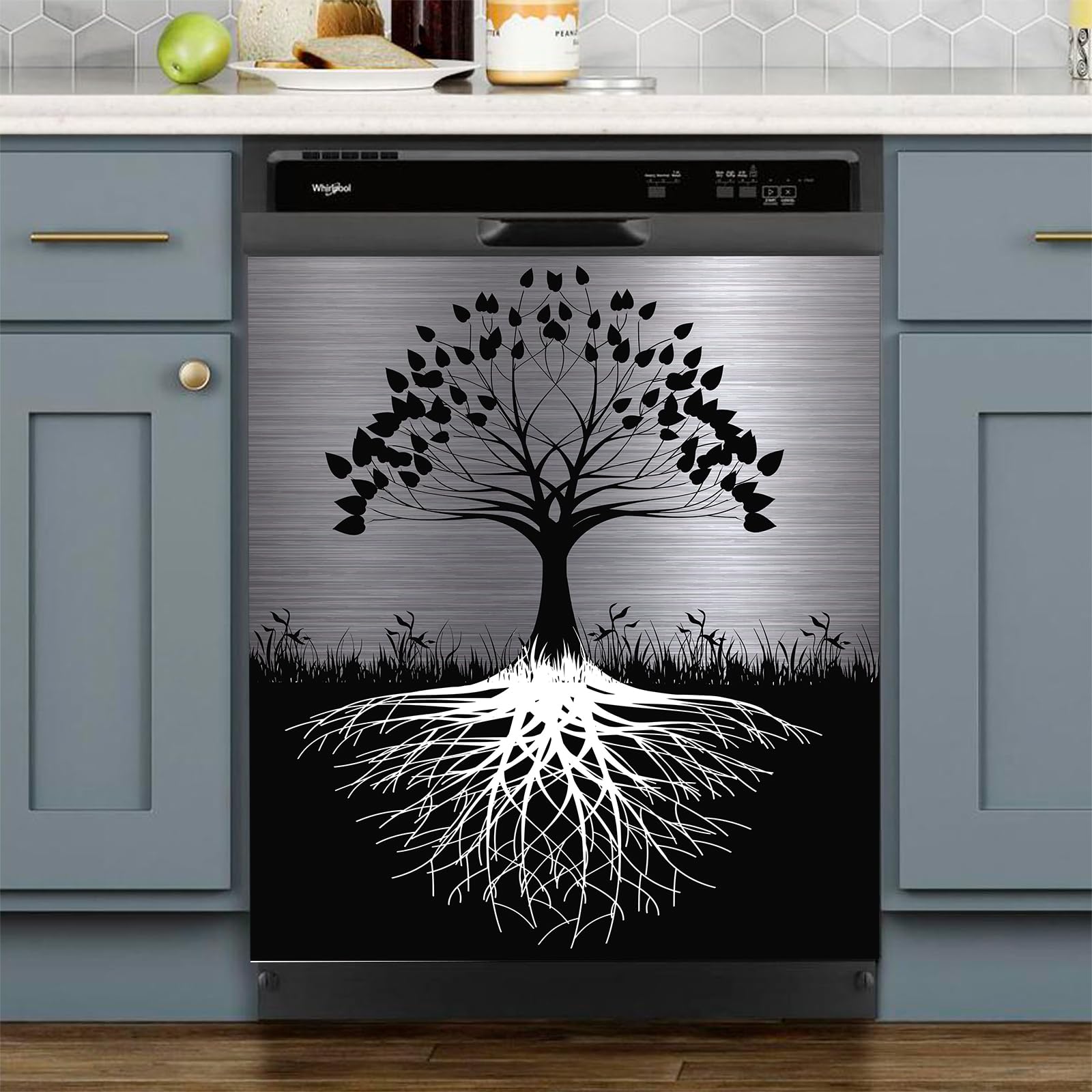 Tree of Life Dishwasher Cover Magnet Decor - 23x26 Inch Large Polishing Metal Dishwasher Front Panel - Black Kitchen Appliance Decal - Silver Magnetic Sticker for Refrigerator & Dishwasher - Perfect for Modern Kitchen Decor & Home Improvement