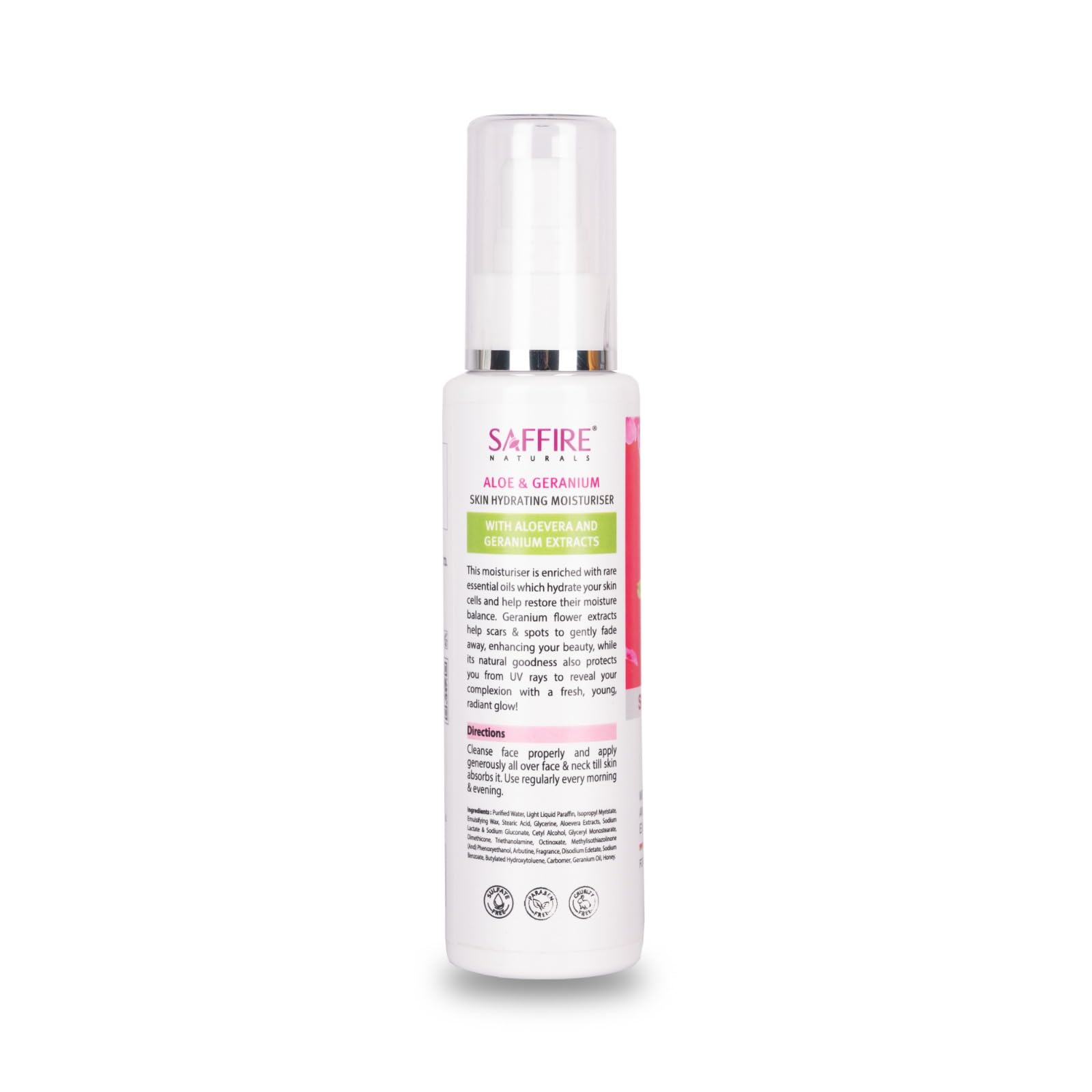 Saffire Naturals Aloe Geranium Skin Hydrating Moisturizer - 100ml | Paraben & Sulfate Free | For Dry, Sensitive & All Skin Types | Daily Face Cream for Hydration & Soothing Relief
