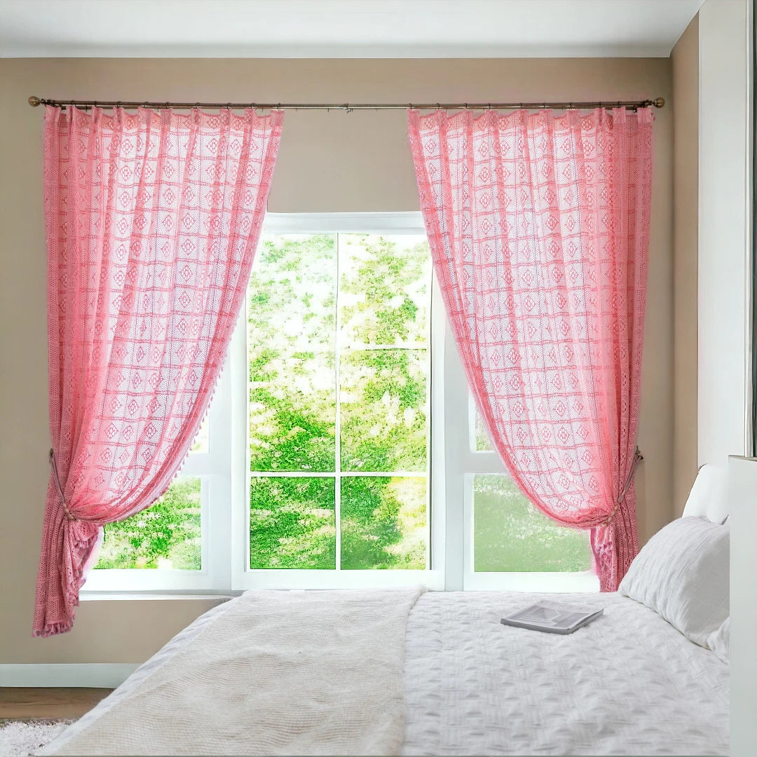 Raquel Pink Crochet Hollow Knit Sheer Custom Window Curtains - Elegant Boho Home Decor for Living Room, Bedroom & Nursery