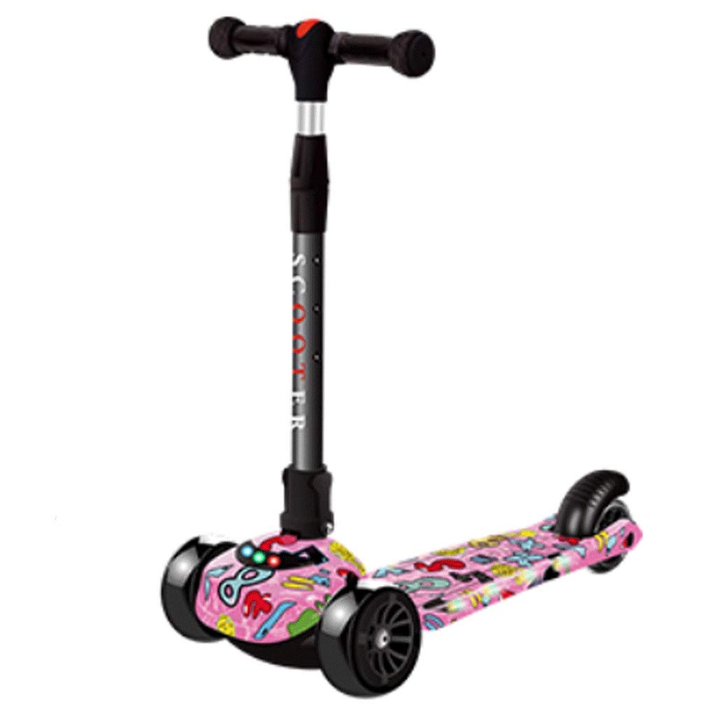 **Foldable 3-Wheel Scooter for Kids - Adjustable Height, Easy Turning, Flashing PU Wheels, 130 lbs Capacity - Pink Graffiti Design - Perfect for Commuting, School, and Outdoor Play**