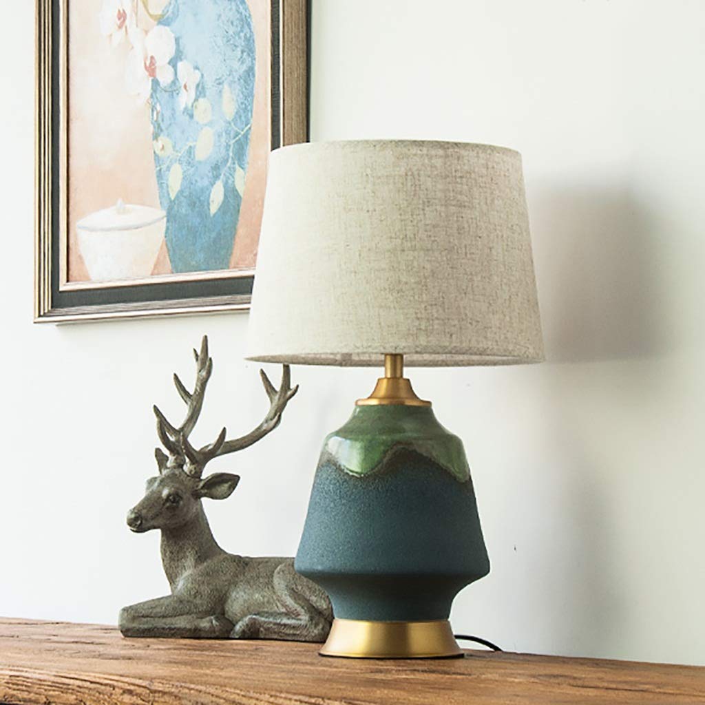 Modern Green Living Room Decorative Lamp - Unique Rough Glazed Ceramic Body & Linen Fabric Shade, 50CM Height, Perfect for Bedroom Bedside & Reading Table Lighting