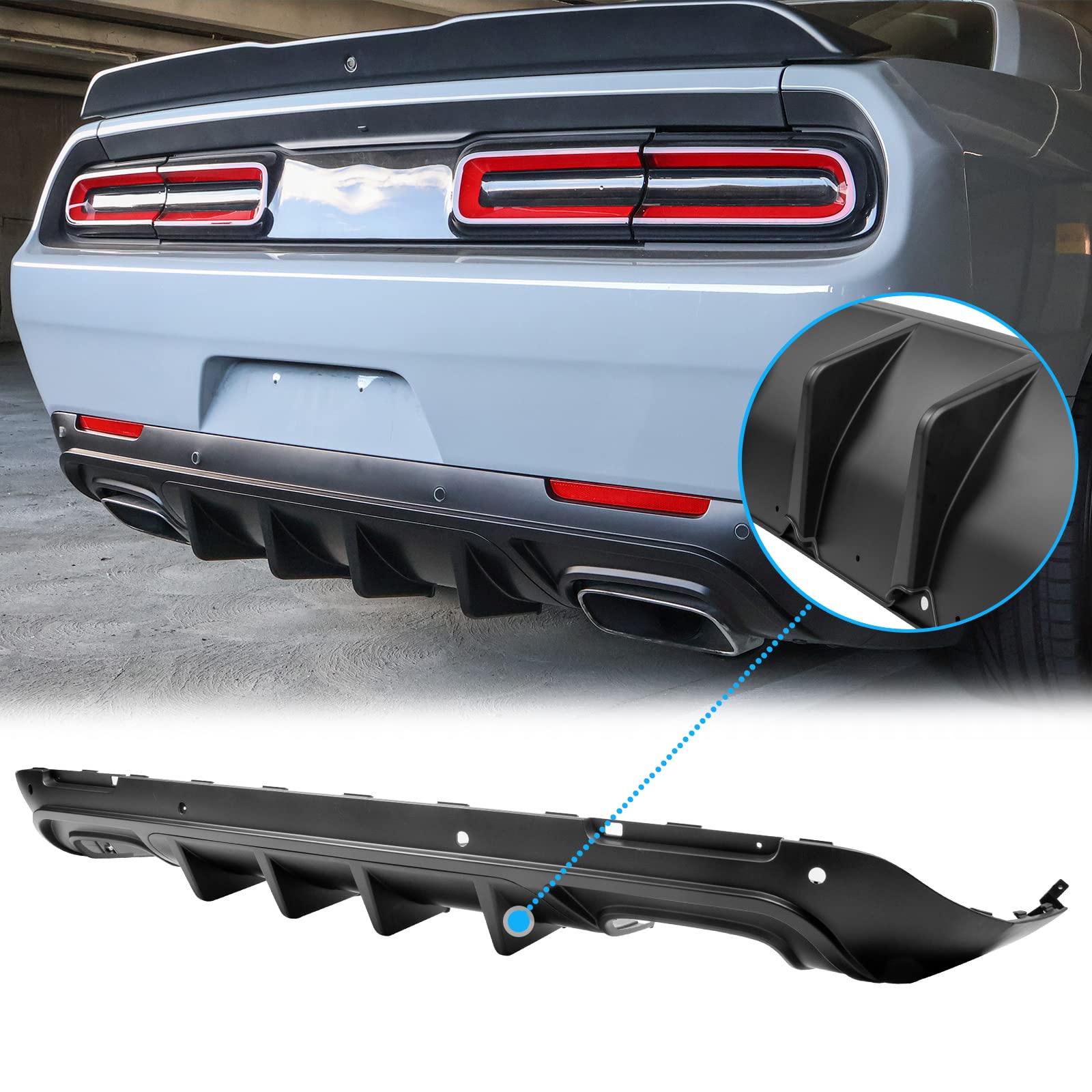 FREEMOTOR802 Rear Diffuser for 2015-2023 Dodge Challenger | IKON V3 Style Matte Black PP Bumper Molding Lip | Lower Valance Diffuser Shark Fin Splitter 4-Piece Set | Upgrade Your Car's Aerodynamics & Style for Street Racing & Show Cars