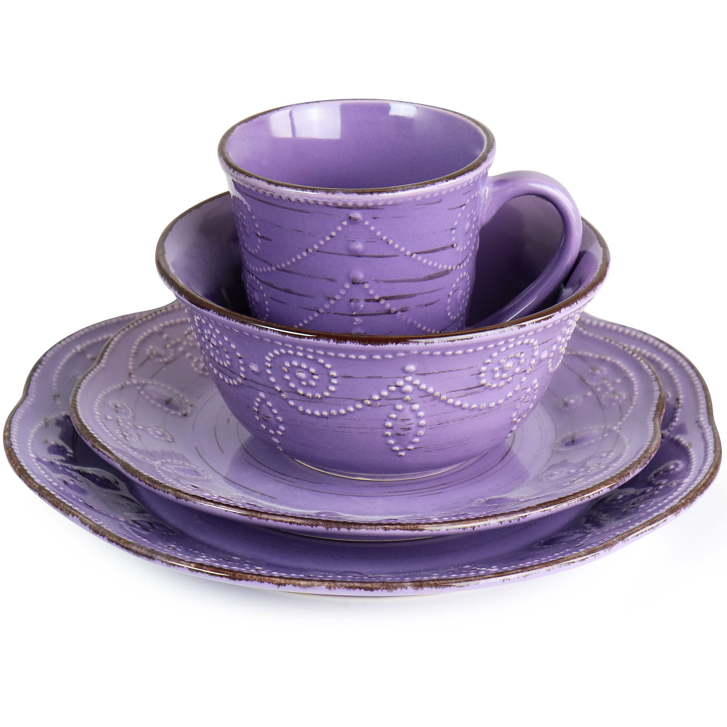Elama Rustic Birch 16-Piece Stoneware Dinnerware Set - Purple with Brown Accents, Durable Ceramic Plates & Bowls for Everyday Dining, Dinner Parties & Family Gatherings (EL-RUSTICBIRCH)