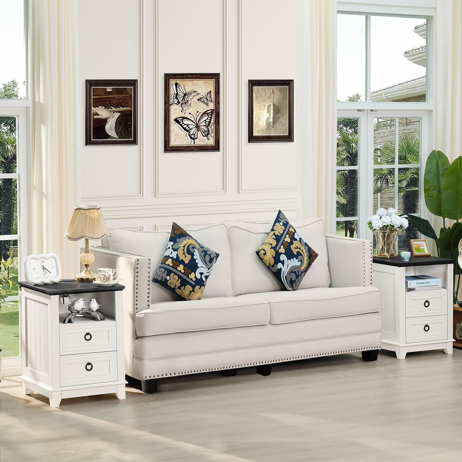 Farmhouse Coffee Table Set of 3 with Charging Station & Hidden Storage - Rustic 3-Piece Living Room Furniture for Home & Office - Perfect for Family Gatherings & Remote Work
