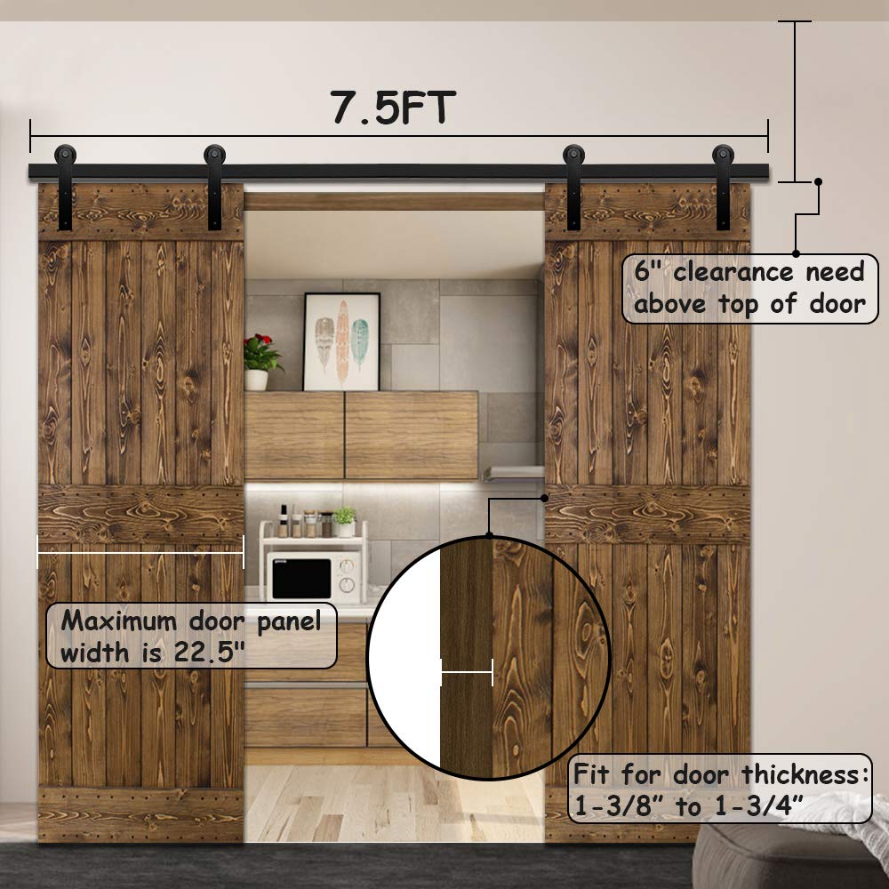 SHELLA 7.5FT Heavy Duty Sliding Barn Door Hardware Kit - Double Door Track System with Top Mount for Garage, Closet & Home Office - Perfect for Rustic Home Decor & Space Saving Solutions