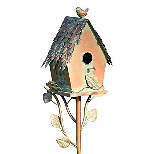 Rustic Country Style Iron Birdhouse Stake Cottage - Brown Powder Coated for Garden Decor & Outdoor Decoration