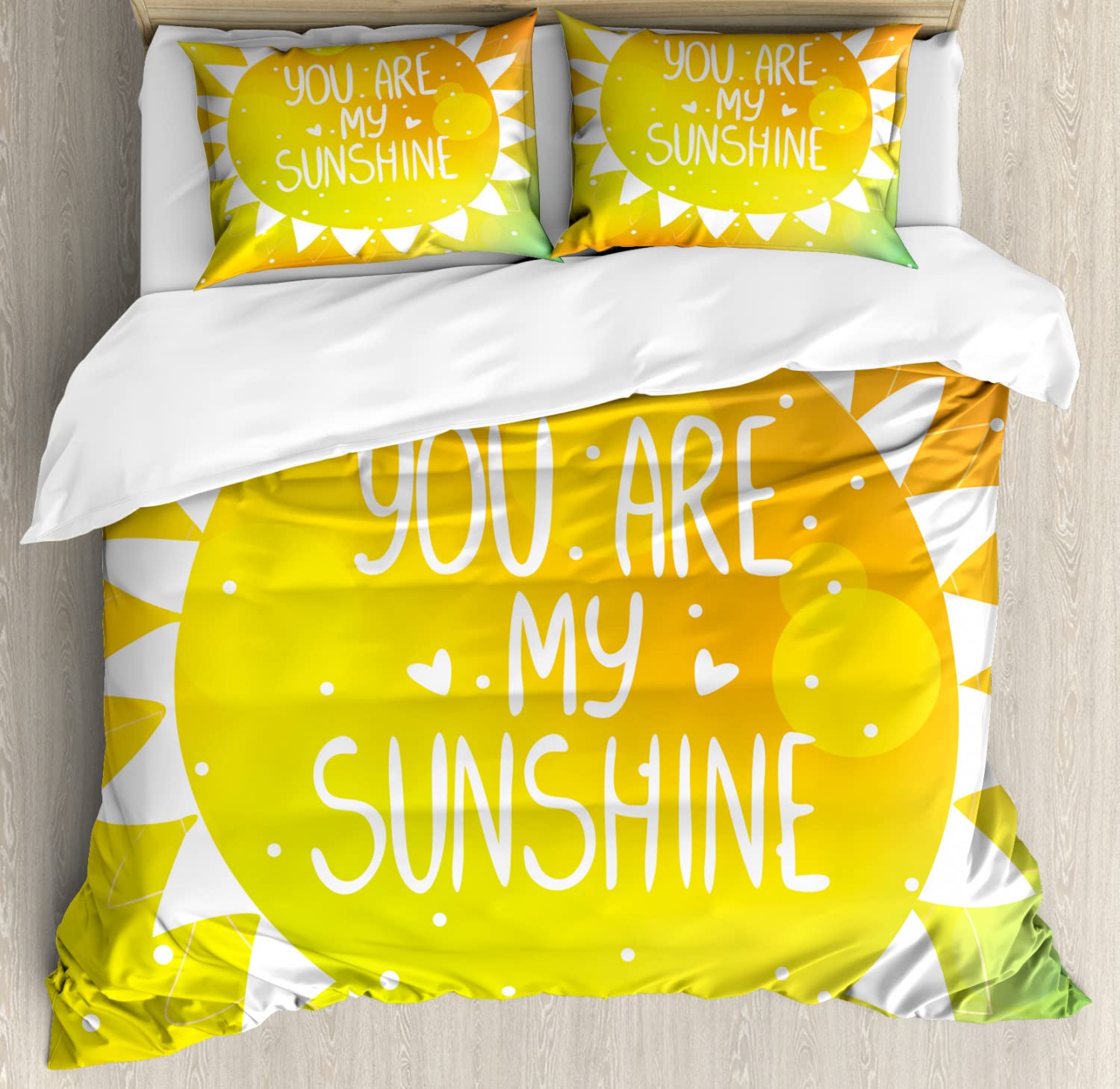Ambesonne Queen Size Duvet Cover Set - 2 Pack with 4 Pillowcases, Yellow Geometric Triangle Dot Design & Romantic 'Radiant Sunshine' Phrase - Soft Bedding for Couples, Guest Rooms & Cozy Bedroom Decor